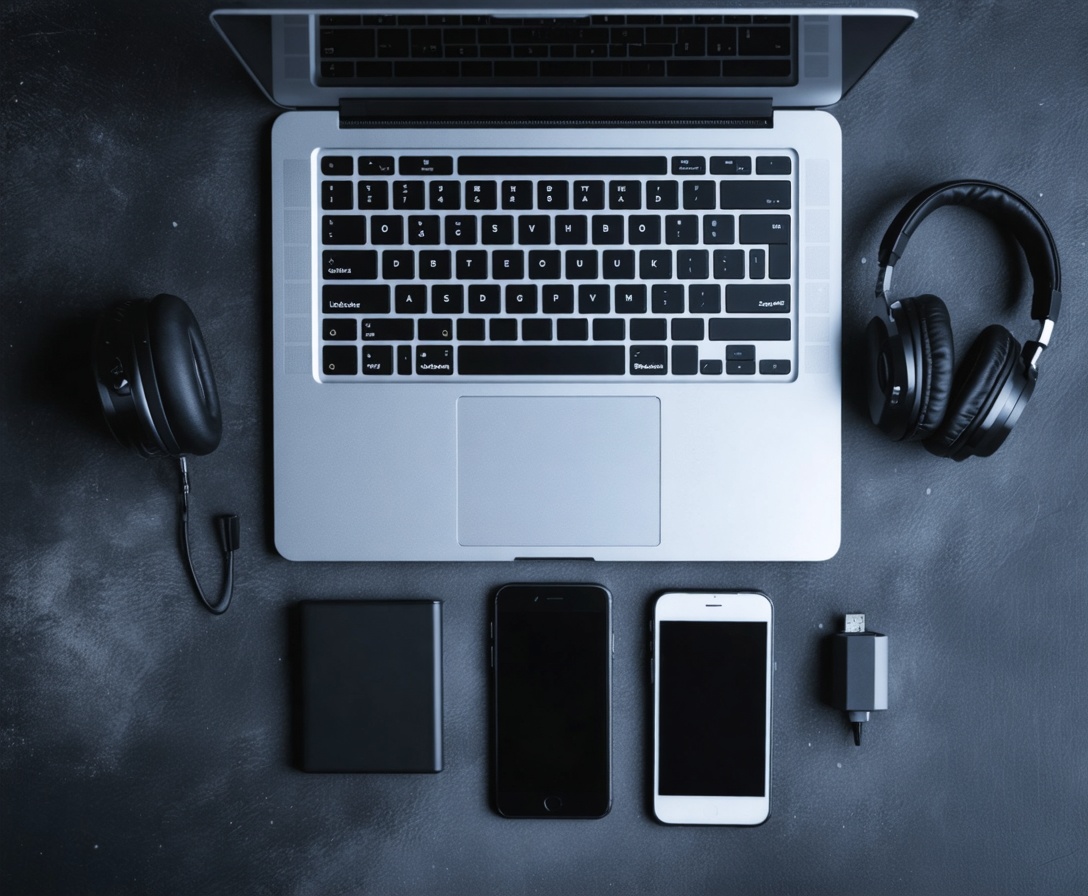 A stylish flat-lay of modern technology essentials including a laptop and smartphone