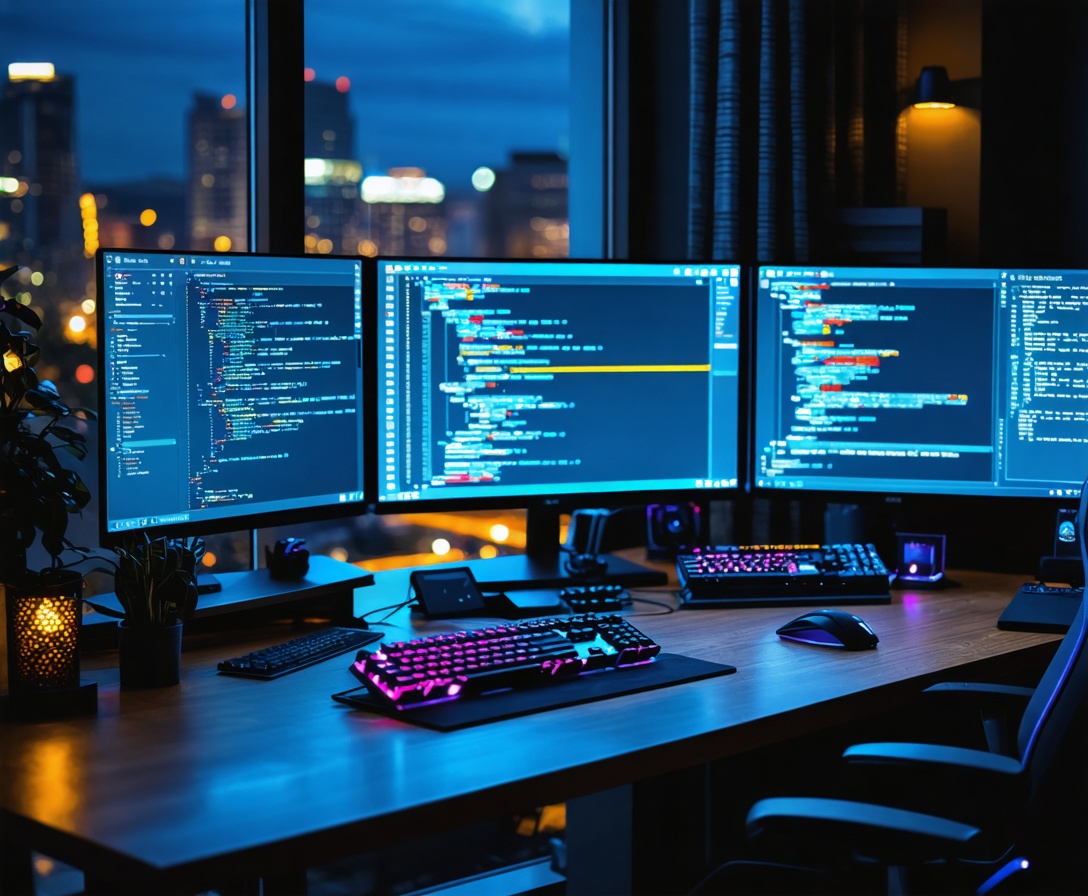 Modern developer workspace with multiple monitors and mechanical keyboard