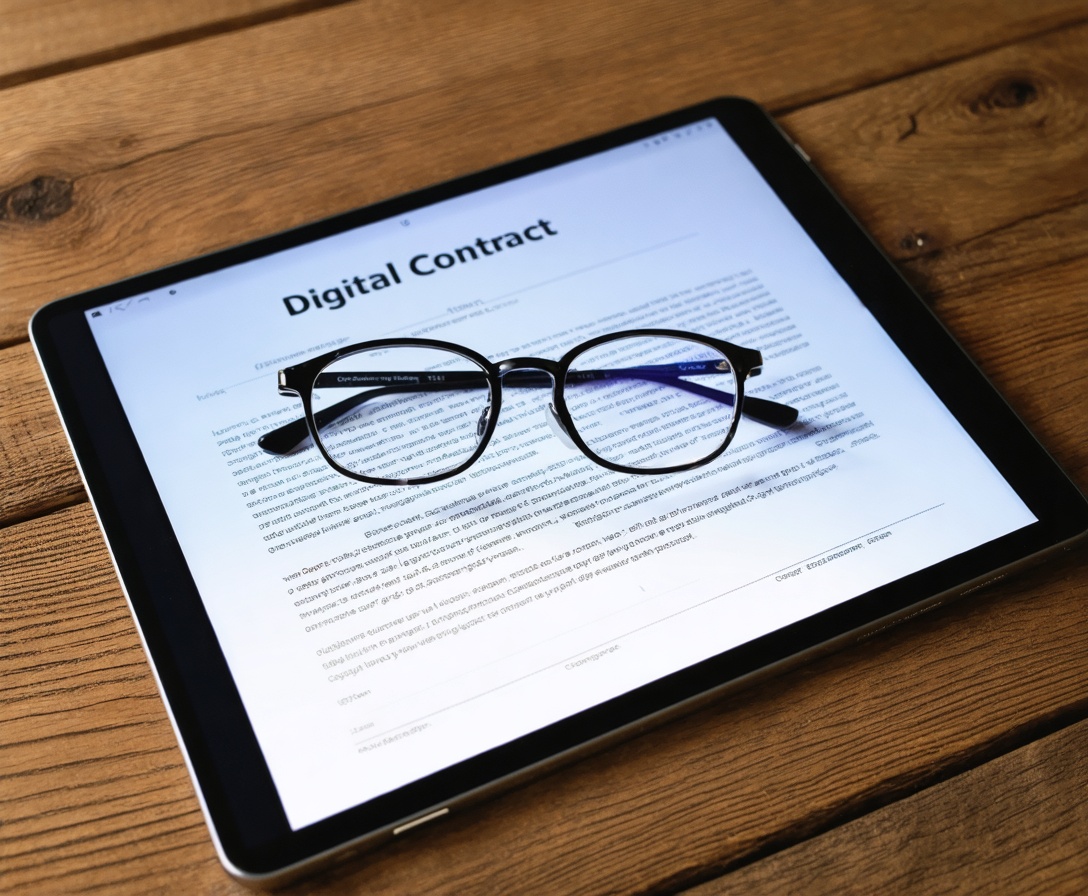 Glasses resting on a digital tablet displaying a professional contract